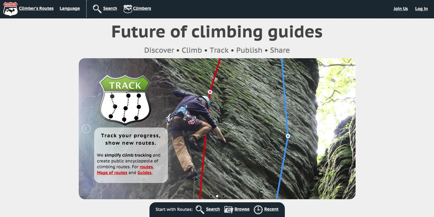 Climber's Routes page 'Future of climbing guides' with a photo of a climber on a rock wall with route lines.