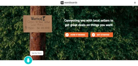 Homepage 'Connecting you with local sellers' with a wooden 'Wanted' sign in a forest.