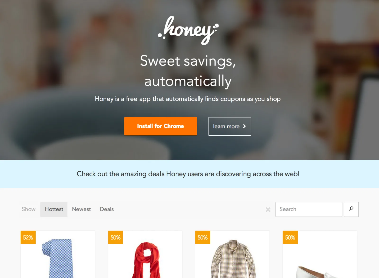 Landing page headlined "Sweet savings, automatically" with an Install for Chrome button and a grid of discounted products.