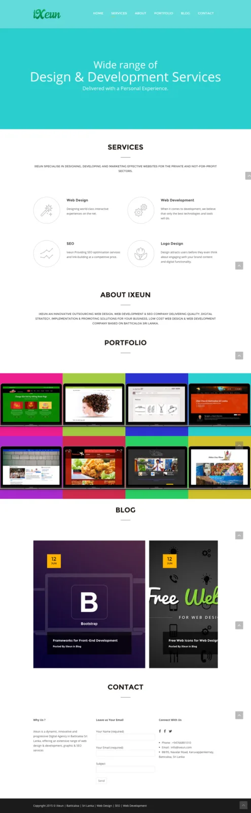 Narrow full-length page capture for design and development services with portfolio image blocks.