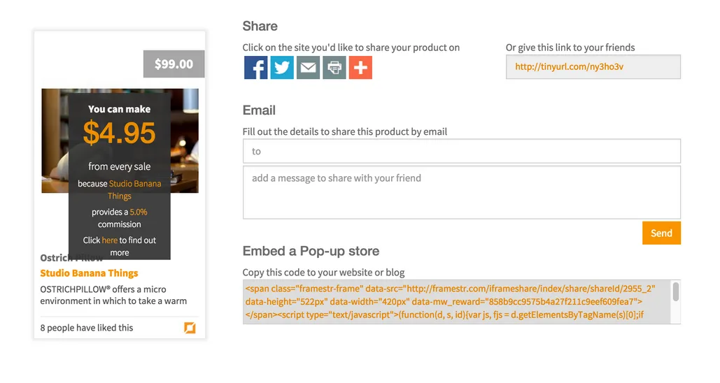 Framestr share dialog with social buttons, email field and embed code beside a $4.95 product card.