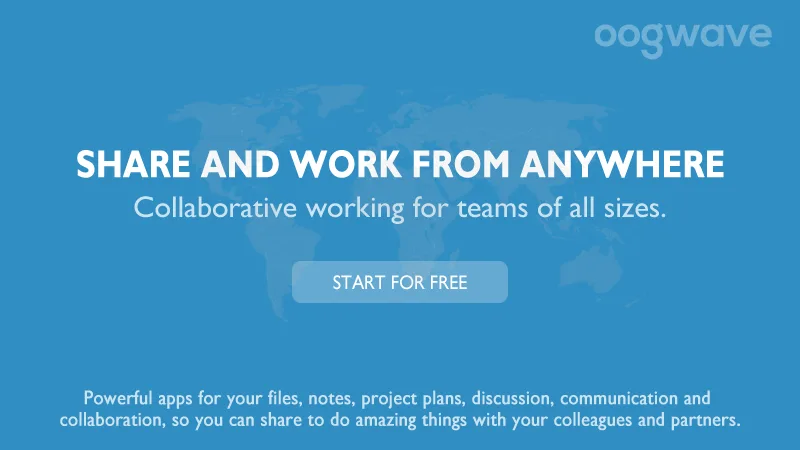 Blue landing page headlined "SHARE AND WORK FROM ANYWHERE" with a Start for free button.