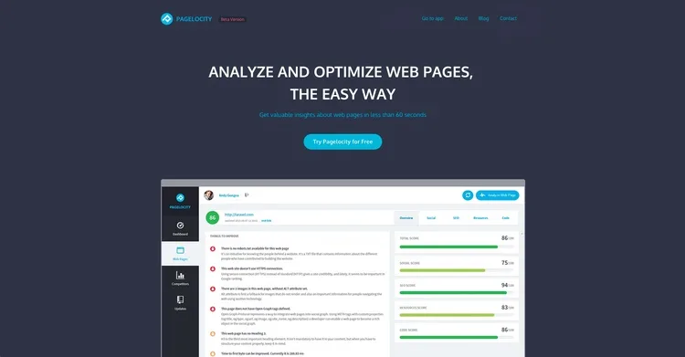 Dark landing page headlined "ANALYZE AND OPTIMIZE WEB PAGES, THE EASY WAY" above a dashboard screenshot.