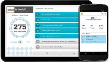 Tablet and phone showing a restaurant loyalty app with 275 points.