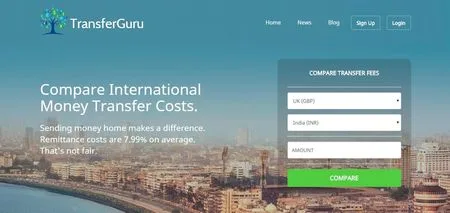 Homepage 'Compare International Money Transfer Costs.' with a comparison form over a city photo.