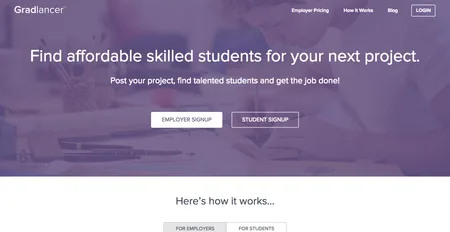 Purple Gradlancer page 'Find affordable skilled students for your next project.'.