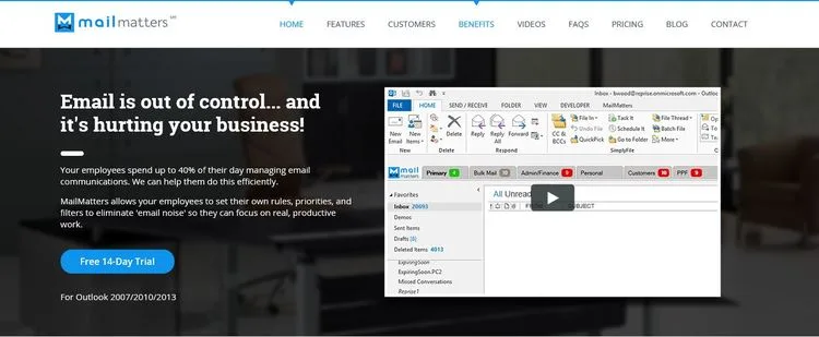 Landing page headlined "Email is out of control... and it's hurting your business!" with an email client screenshot.