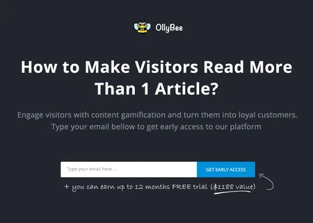 Dark landing page headlined "How to Make Visitors Read More Than 1 Article?" with an email form.