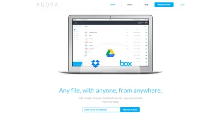 White AGORA page with a laptop illustration and the line 'Any file, with anyone, from anywhere.'.