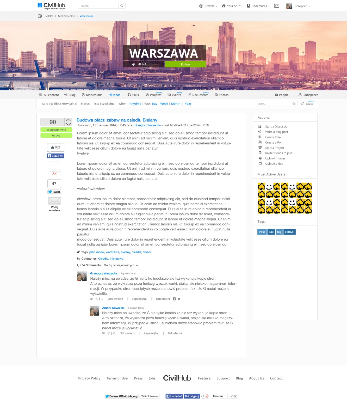 CivilHub community page for Warszawa with a skyline banner, a voted idea post and comments.