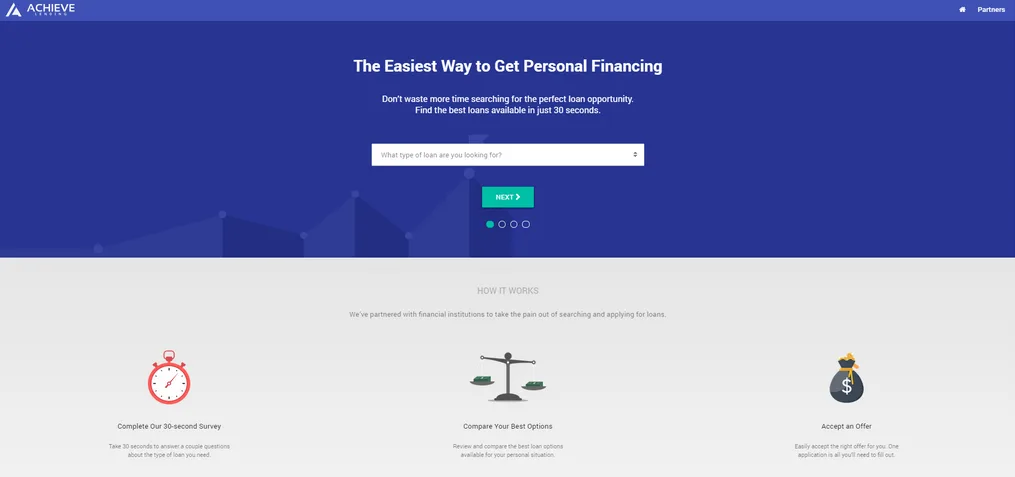 Blue hero 'The Easiest Way to Get Personal Financing' with an email field and three feature icons below.