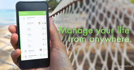 Banner 'Manage your life from anywhere.' with a hand holding a phone.