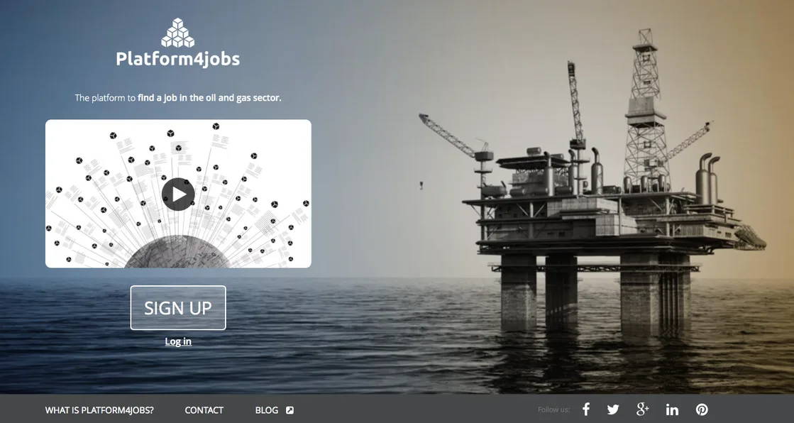 Landing page with an oil platform photo, a network video preview and a sign-up button.