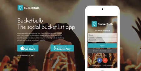 Bucketbulb hero 'The social bucket list app' with an iPhone and App Store and Google Play buttons.