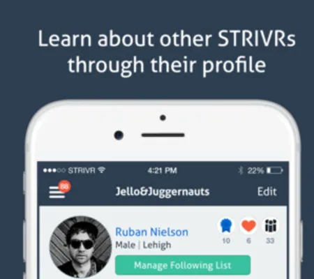 Phone showing a user profile under 'Learn about other STRIVRs through their profile'.