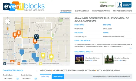 Eventblocks hotel search for 'AZA Annual Conference 2015' with a map and hotel list.