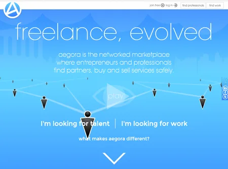 Blue hero 'freelance, evolved' with map pins and buttons 'I'm looking for talent' and 'I'm looking for work'.