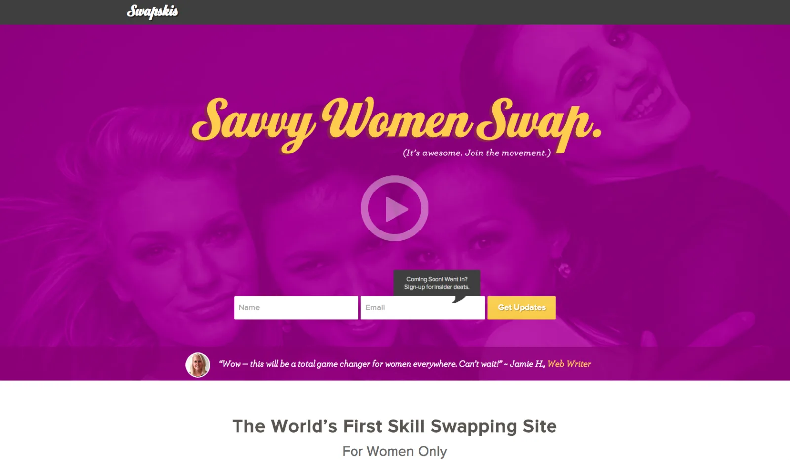 Magenta homepage 'Savvy Women Swap.' with 'The World's First Skill Swapping Site'.