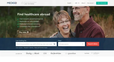 Landing page headlined "Find healthcare abroad" with a stock photo of an older couple and a search form.