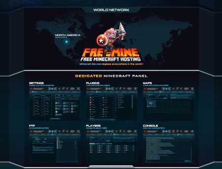 Dark 'Free Minecraft Hosting' page with a world map and control panel screenshots.