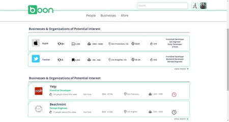 Boon list 'Businesses & Organizations of Potential Interest' with Apple, Twitter and Yelp entries.