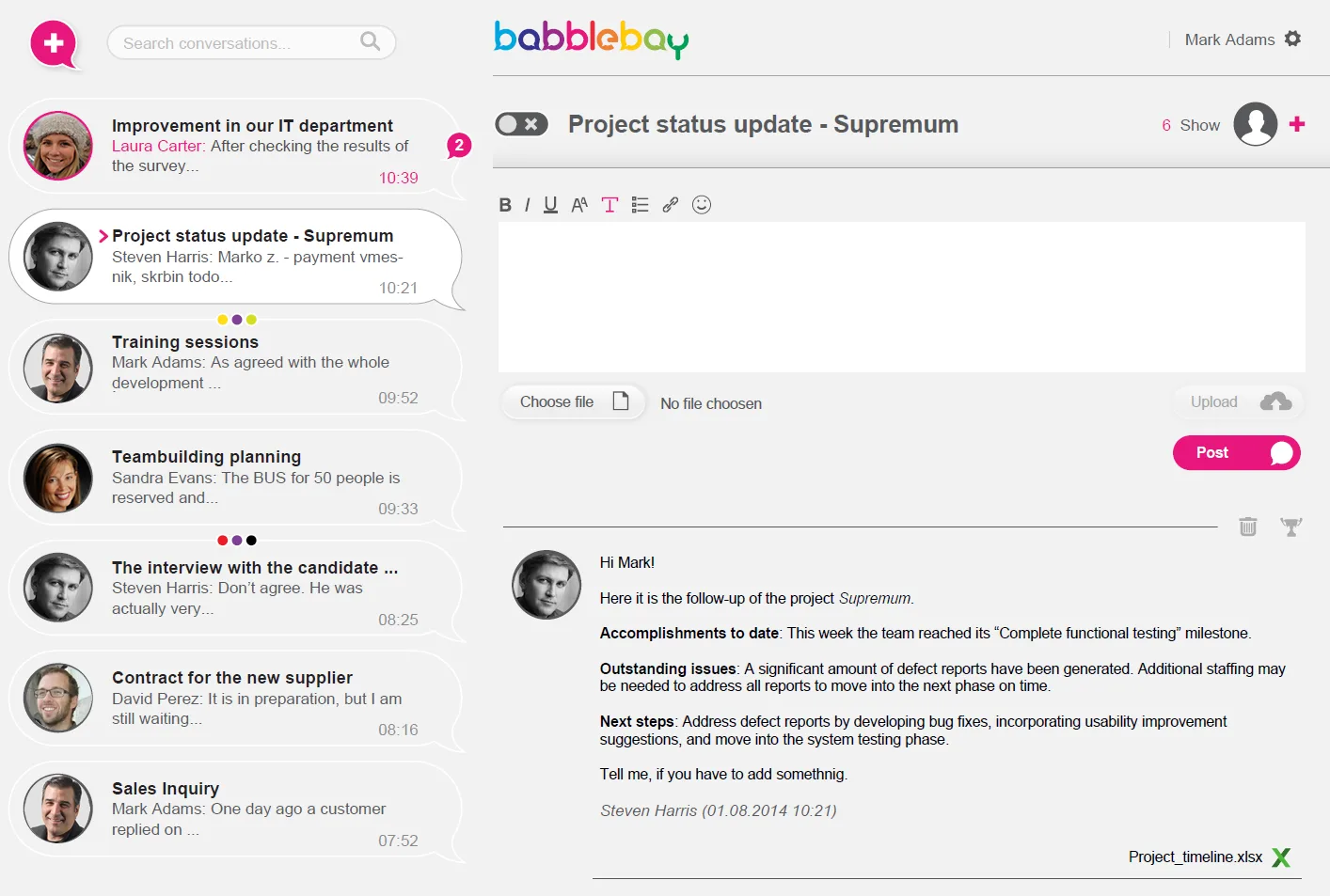 Babblebay messaging app with a conversation list and an open 'Project status update' thread.
