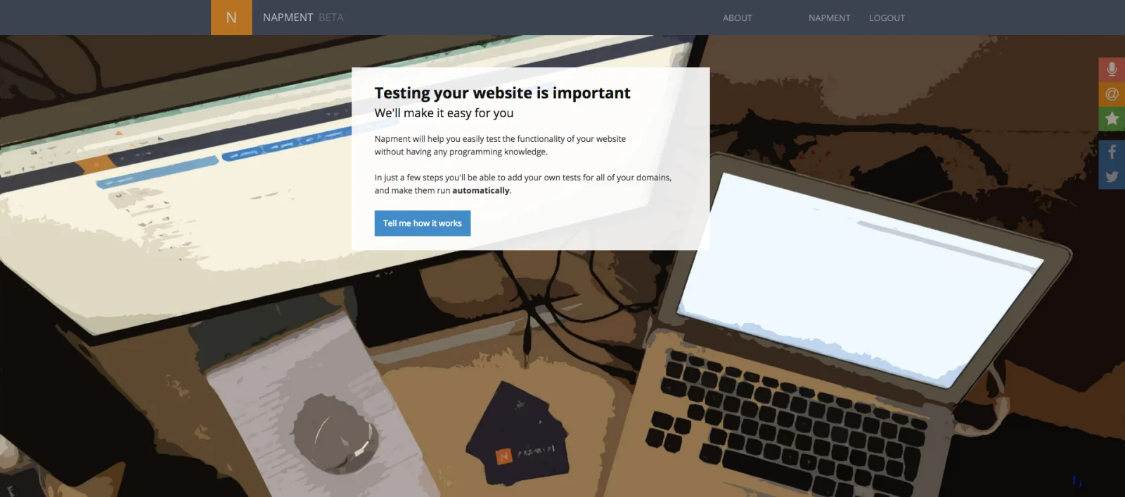 Landing page headlined "Testing your website is important" over a posterized photo of a desk with a laptop.