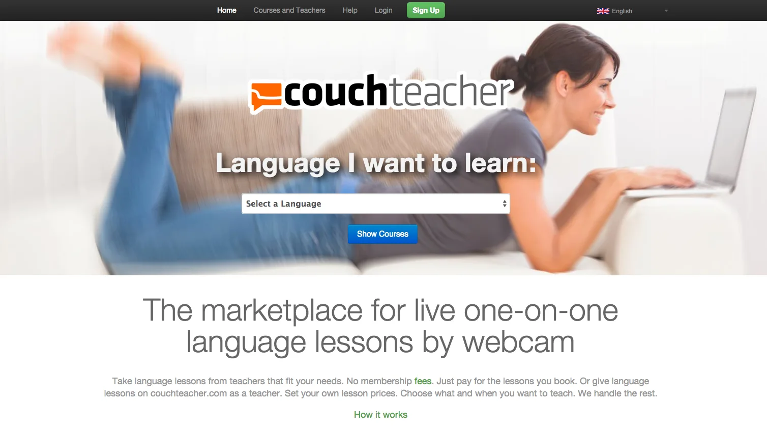 Couchteacher page with a photo of a woman lying with a laptop and a 'Language I want to learn' selector.