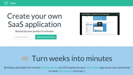 Page 'Create your own SaaS application' with a video thumbnail and a blue band 'Turn weeks into minutes'.