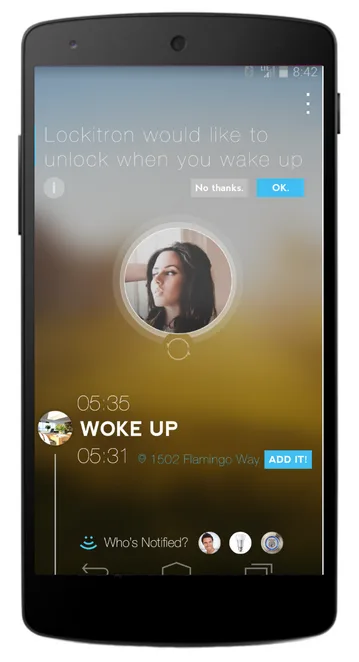 Android phone showing a timeline with "WOKE UP" and a circular photo of a woman.