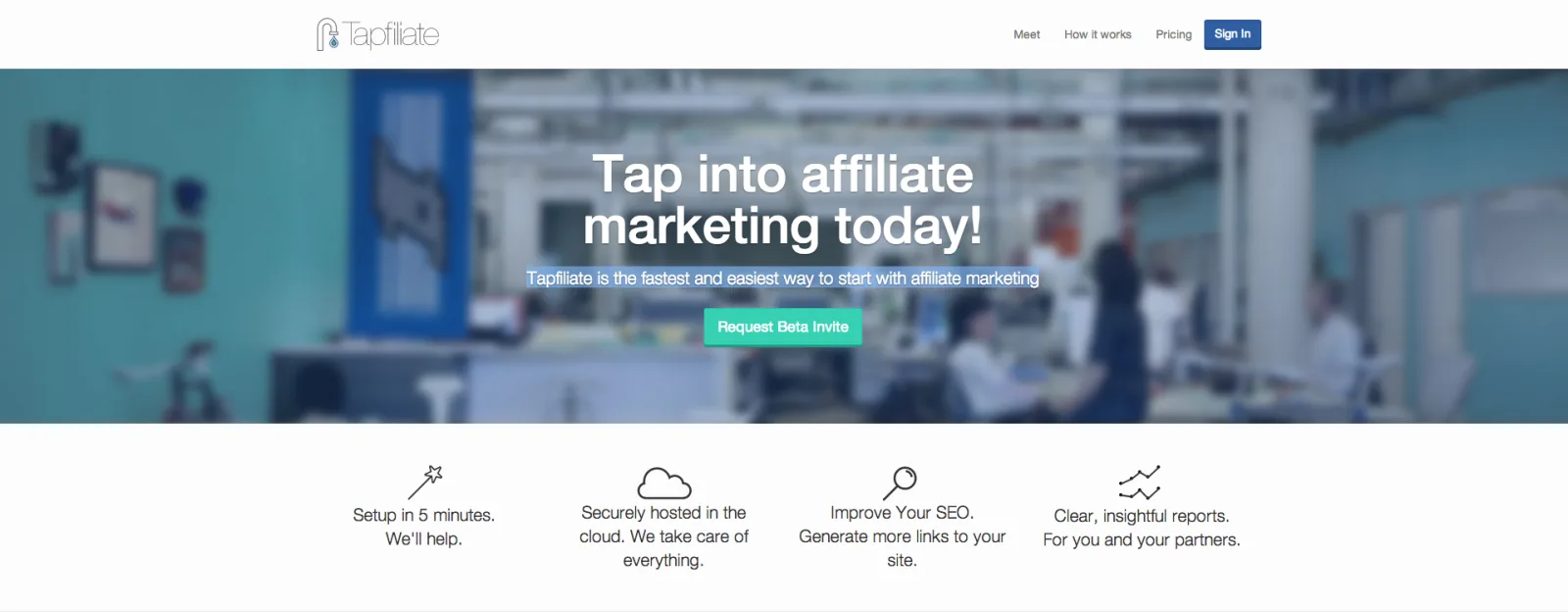 Homepage 'Tap into affiliate marketing today!' with four feature icons.
