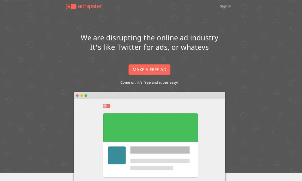 Grey page 'We are disrupting the online ad industry' with a red button and a simple browser illustration.
