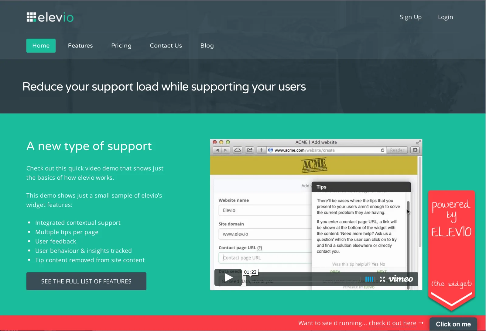 Elevio page 'Reduce your support load while supporting your users' with a help widget screenshot.