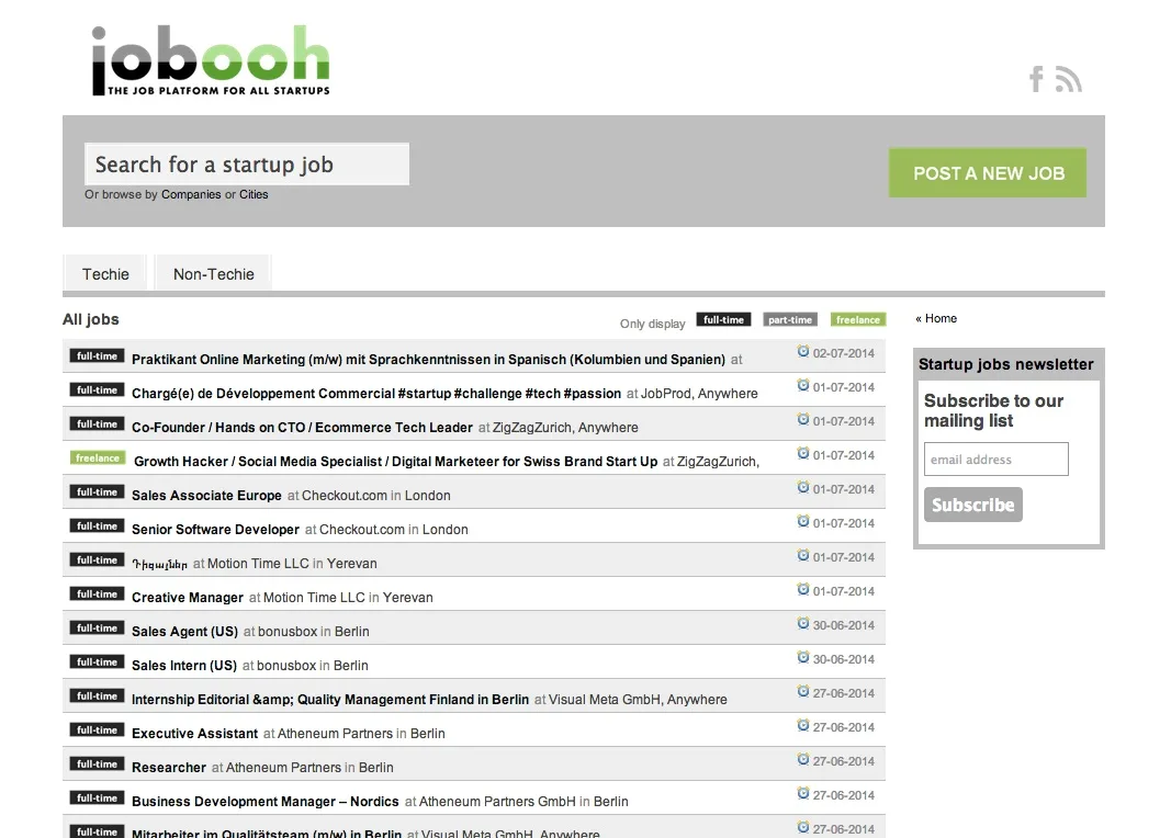 Startup job board with a search box, Techie and Non-Techie tabs and a list of dated job postings.