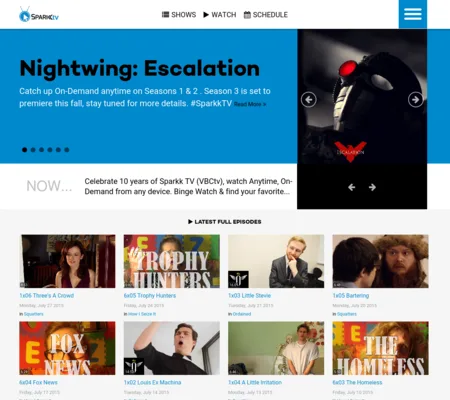 Video site homepage with a 'Nightwing: Escalation' banner and a grid of latest episodes.
