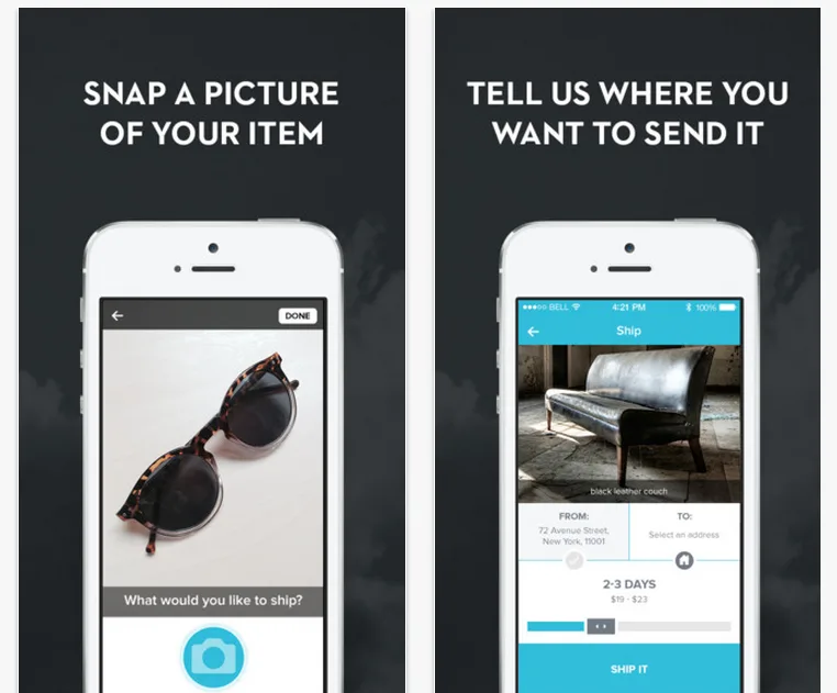 Two phones: 'Snap a picture of your item' with sunglasses and 'Tell us where you want to send it'.