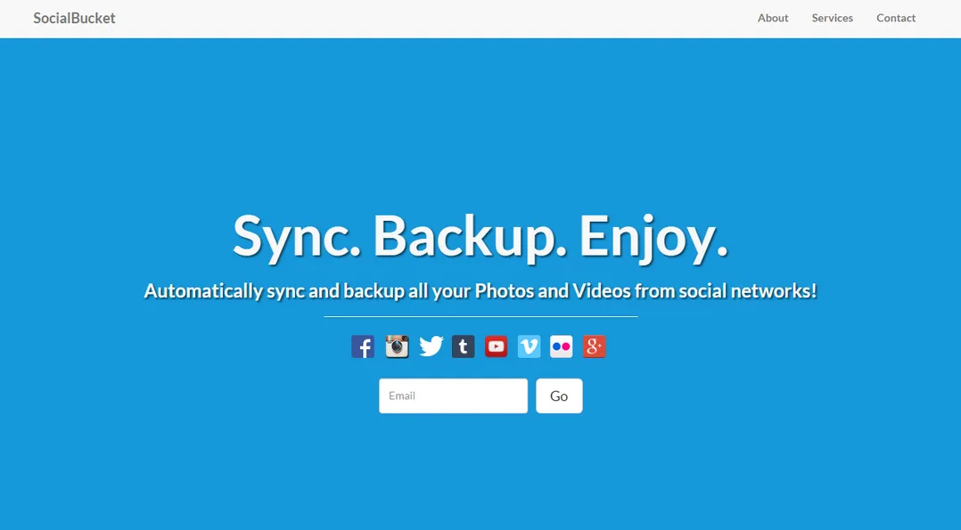 Blue landing page 'Sync. Backup. Enjoy.' with social network icons and an email field.