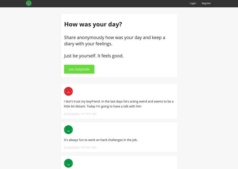 Dailysmile page 'How was your day?' with an anonymous diary feed.