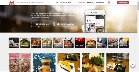 Food app landing page with a phone, app download buttons, food category tiles and a grid of food photos.