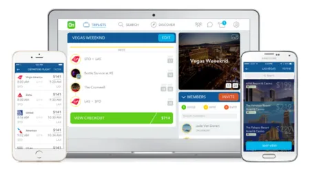 Laptop, tablet and phones showing a group trip planning app with listings and a map.