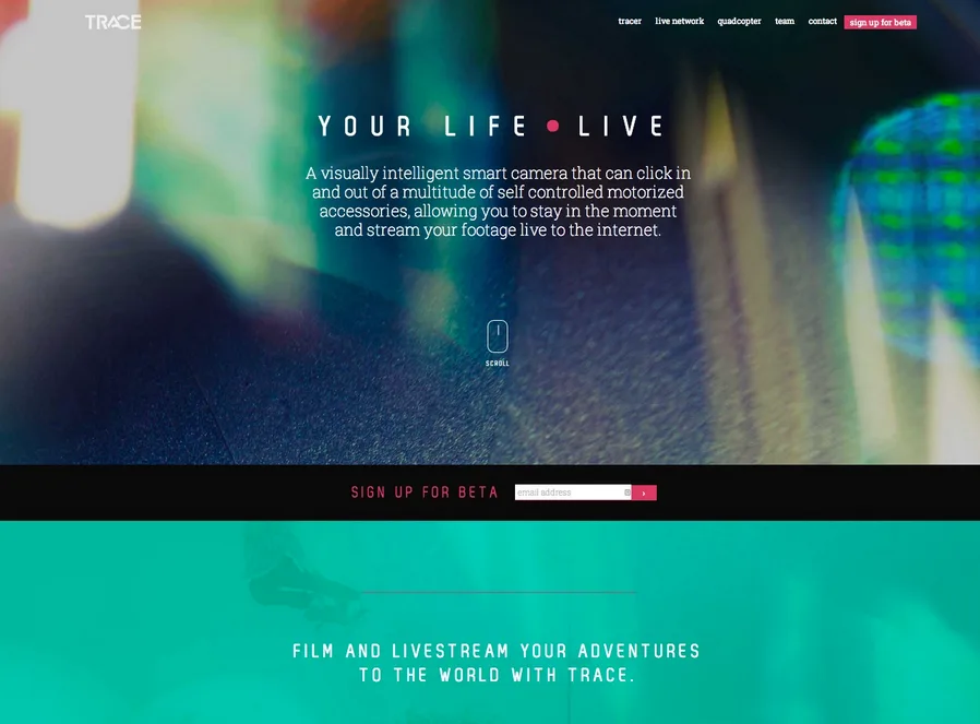 Dark homepage 'Your Life Live' with a beta signup form and abstract imagery.