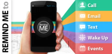 'Remind me to' banner with a hand holding a phone and a list: Call, Email, Text, Wake Up, Events.