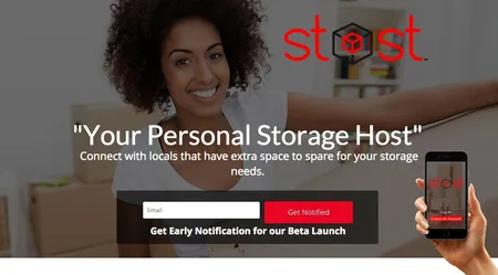 Landing page 'Your Personal Storage Host' with a smiling woman and a phone.