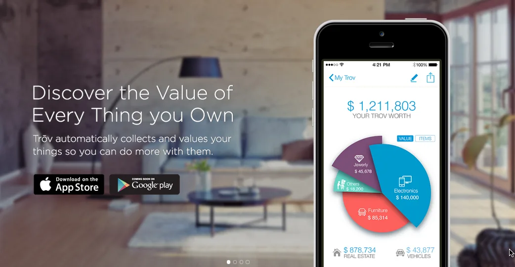 Homepage 'Discover the Value of Every Thing you Own' with a phone showing a value chart.
