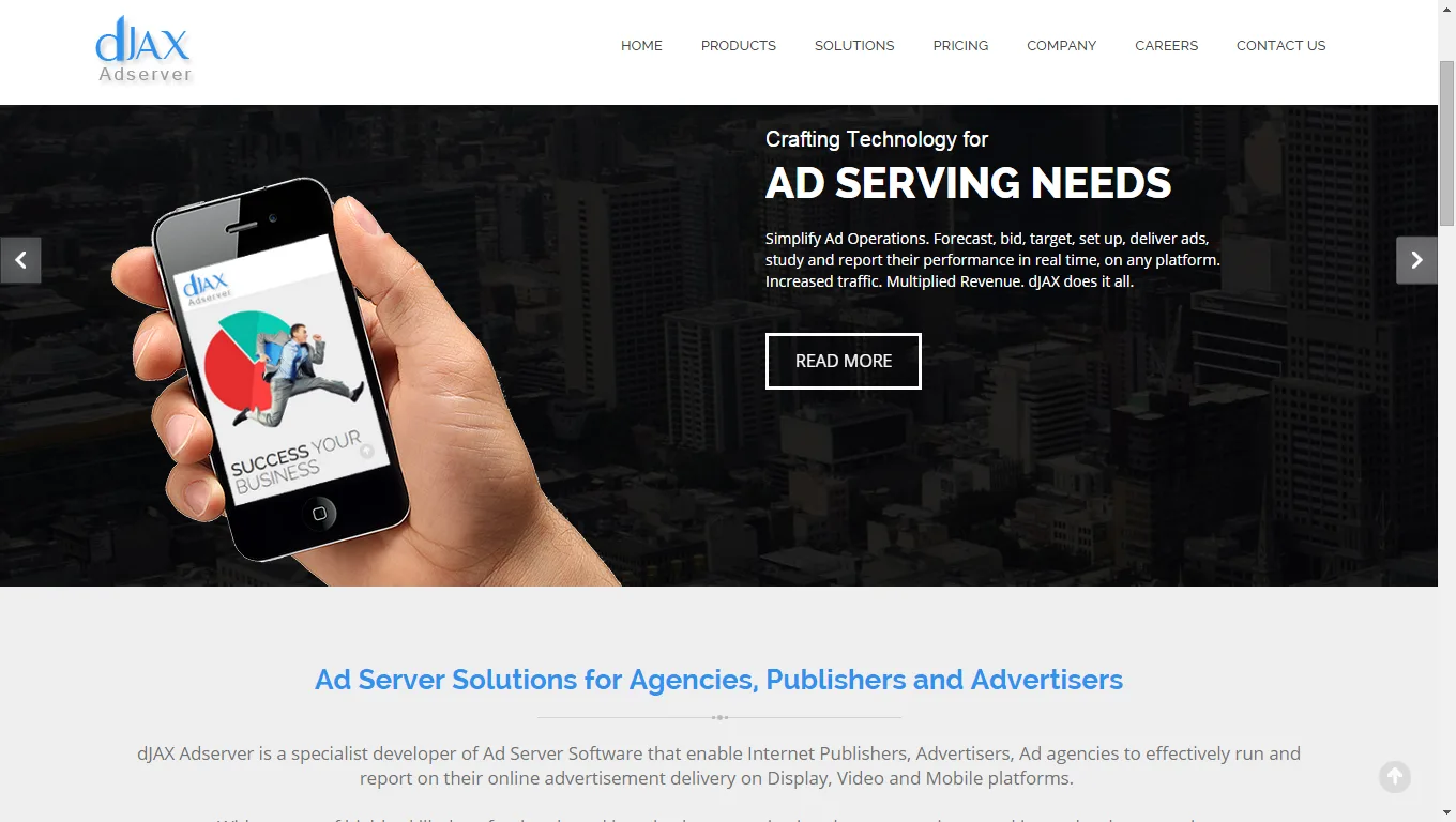 DJAX page with a hand holding a phone and 'Crafting Technology for AD SERVING NEEDS'.
