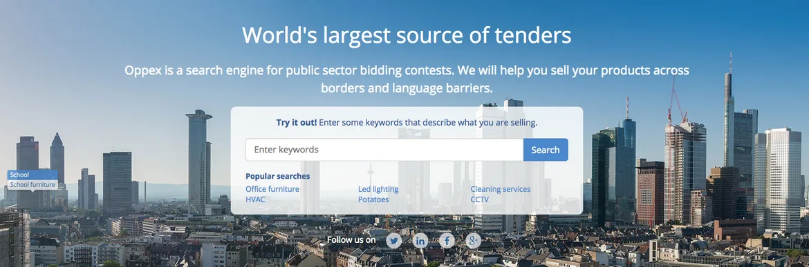 Landing page headlined "World's largest source of tenders" over a city skyline with a search box.