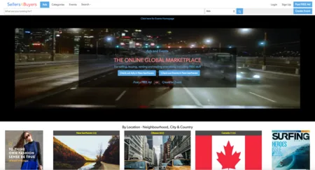 Marketplace homepage 'The Online Global Marketplace' with a night traffic photo and location tiles.