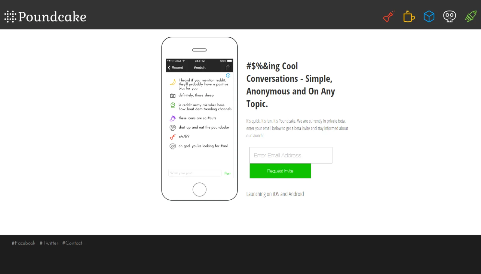 Page with a phone showing a conversation list and the headline "#$%&ing Cool Conversations".