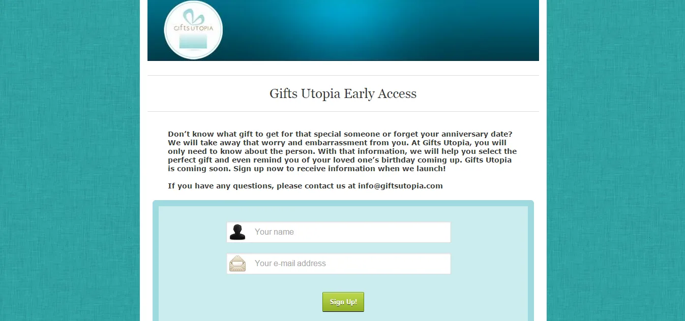 Gifts Utopia early access form on a teal background.
