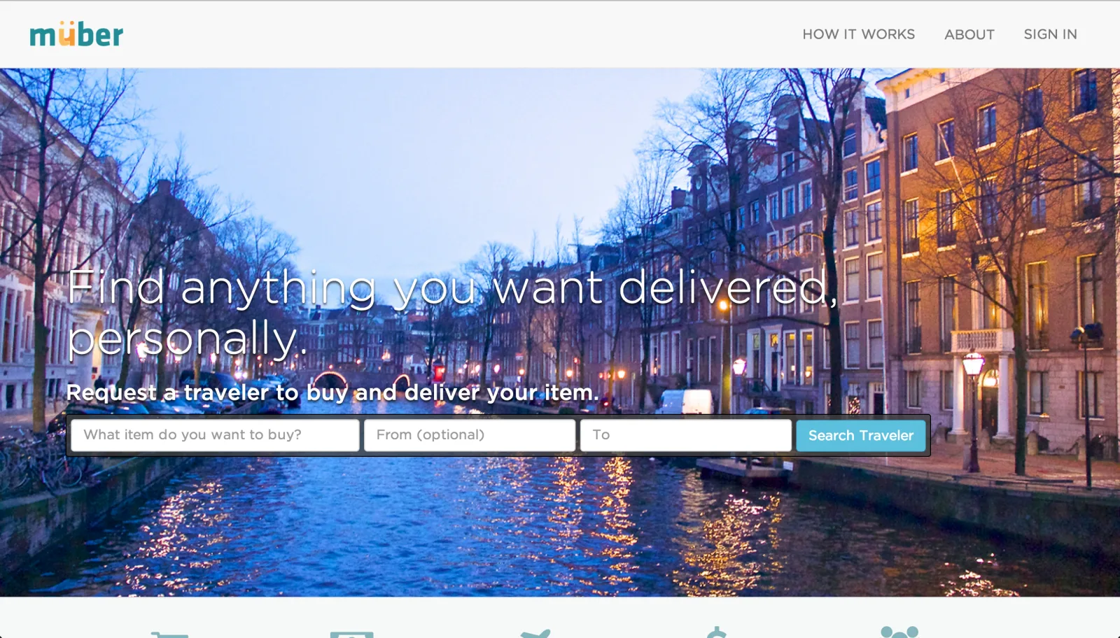 Landing page headlined "Find anything you want delivered personally" over a canal city photo at dusk.